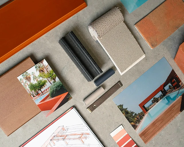 Selección de materiales, texturas y acabados para proyectos de arquitectura hotelera.